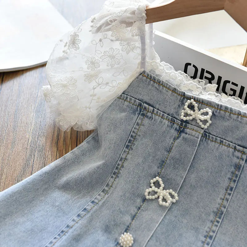 Children Girls Beads Lace Sleeve Denim Dress Toddler Fashion Summer Dresses