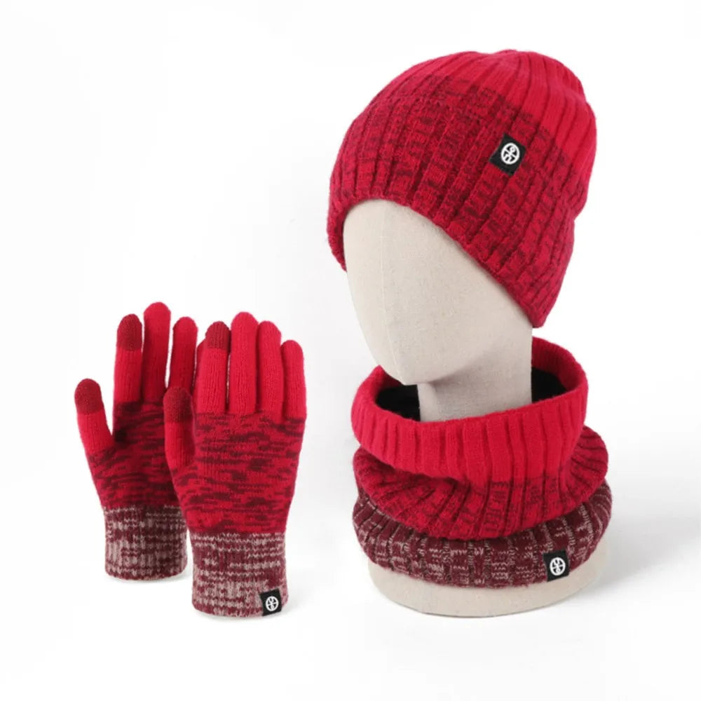 Knitted Cap Scarf three-piece Hat Autumn Winter Outdoor Ride Windproof Cold Warm three-piece Gradient Clash Of Colours Set