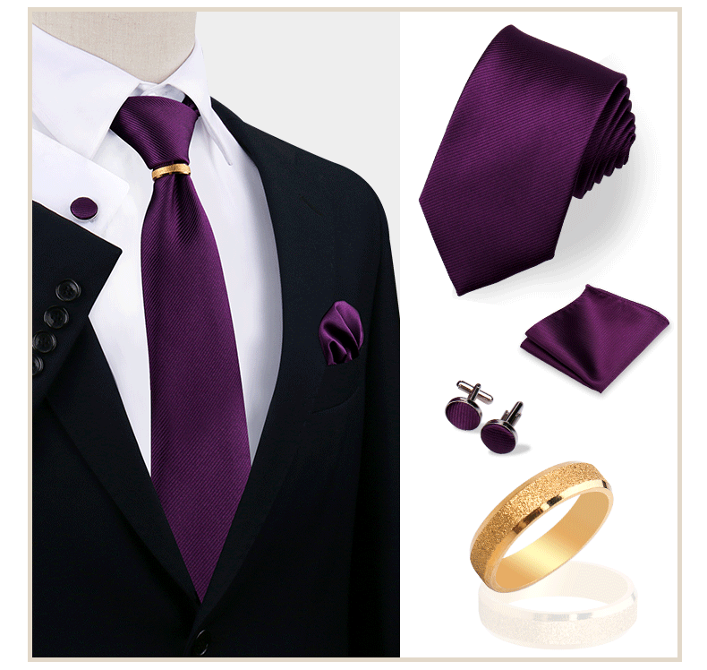 Ensemble de cravates en soie de luxe pour hommes, cravate, mouchoir, boutons de manchette avec anneau en métal doré, broche, costume, fête de mariage, accessoires pour hommes