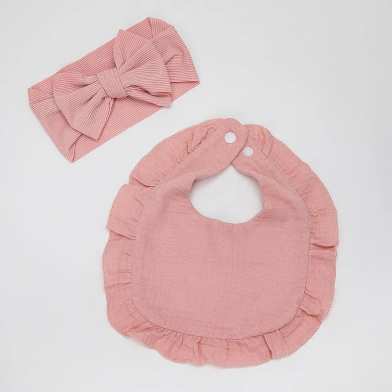 Lot de 2 bavoirs à volants en mousseline de coton pour bébé, nœuds pour cheveux, bandeaux pour filles, couleur unie, serviette pour nouveau-né, bavoirs pour nourrir le rot, écharpe