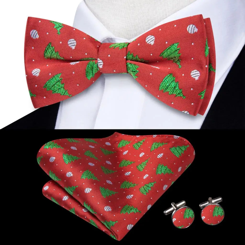 Hi-Tie Nœuds papillon verts de Noël pour hommes Cravate papillon en soie Ensemble de boutons de manchette et mouchoirs pour fête de mariage Nœud papillon uni à carreaux cachemire