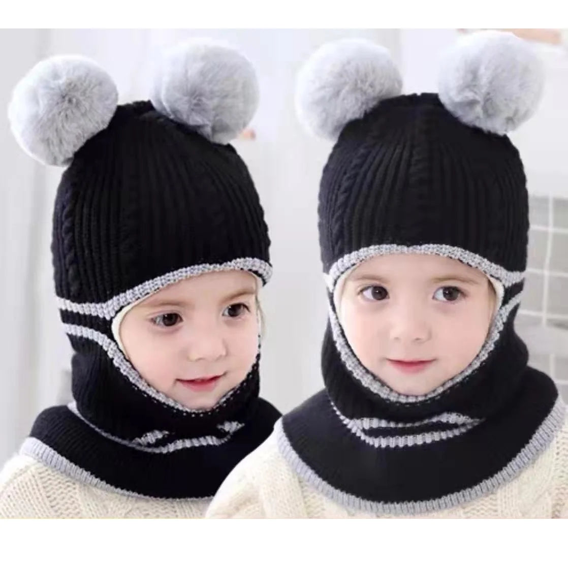 2-4year kid's knitted hat winter warm woolen hat mask scarf one-piece
