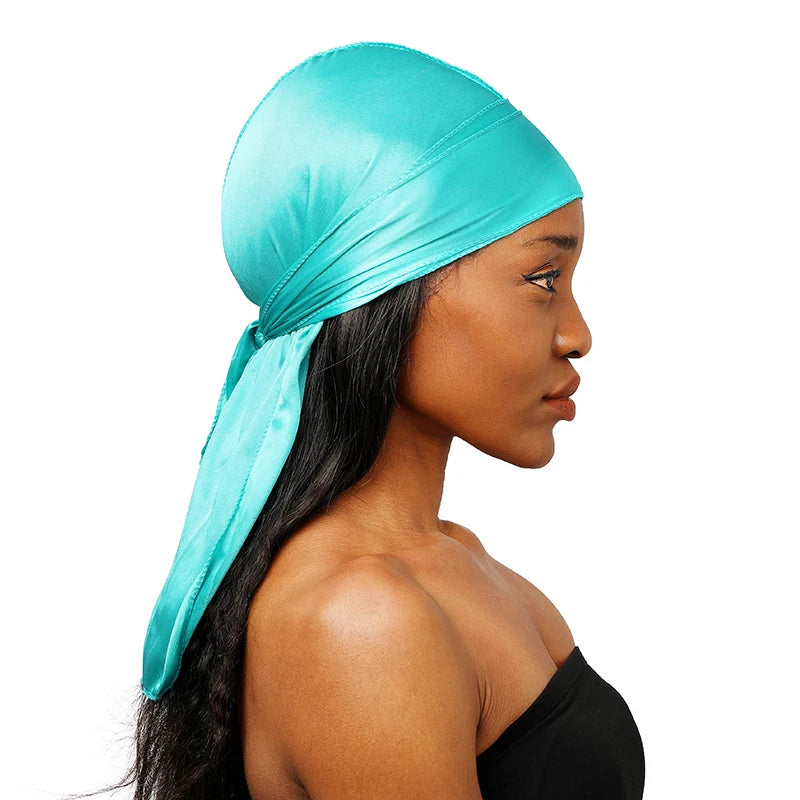Unisex Silky Long Tail Durag Pirate Hat Turban Fashion Headwraps Cap Bandana Women Men Headwear Caps Hijab Hair Accessories 