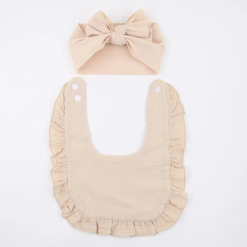 Lot de 2 bavoirs à volants en mousseline de coton pour bébé, nœuds pour cheveux, bandeaux pour filles, couleur unie, serviette pour nouveau-né, bavoirs pour nourrir le rot, écharpe