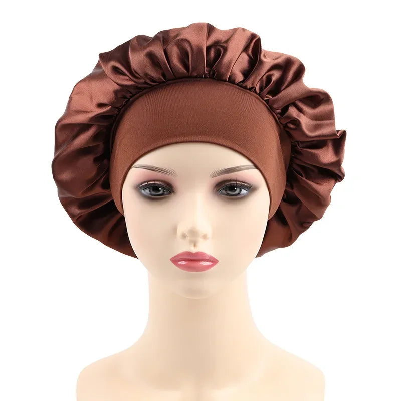 Women's Satin Solid Elastic Wide-brimmed Sleeping Hat Unisex Head Wrap Elastic Band Cap Hair Care Bonnet Night Hat bonnet