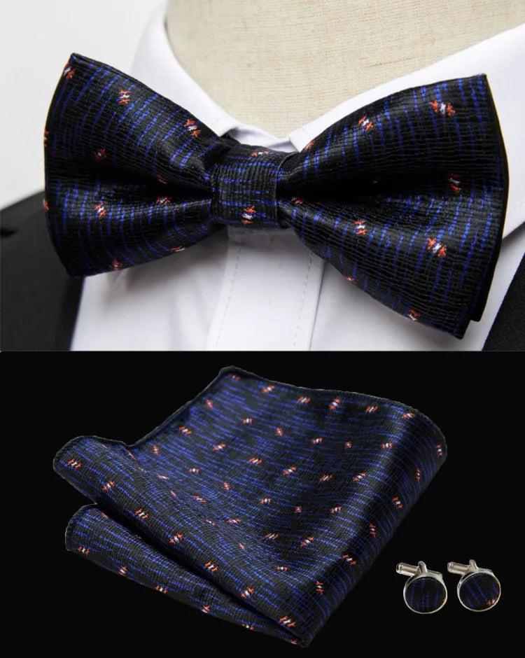HUISHI Classic Blue Bowties For Men Paisley Floral Bow Tie Pocket Square Cufflinks Suit Set Wedding Party Plaid Solid Butterfly