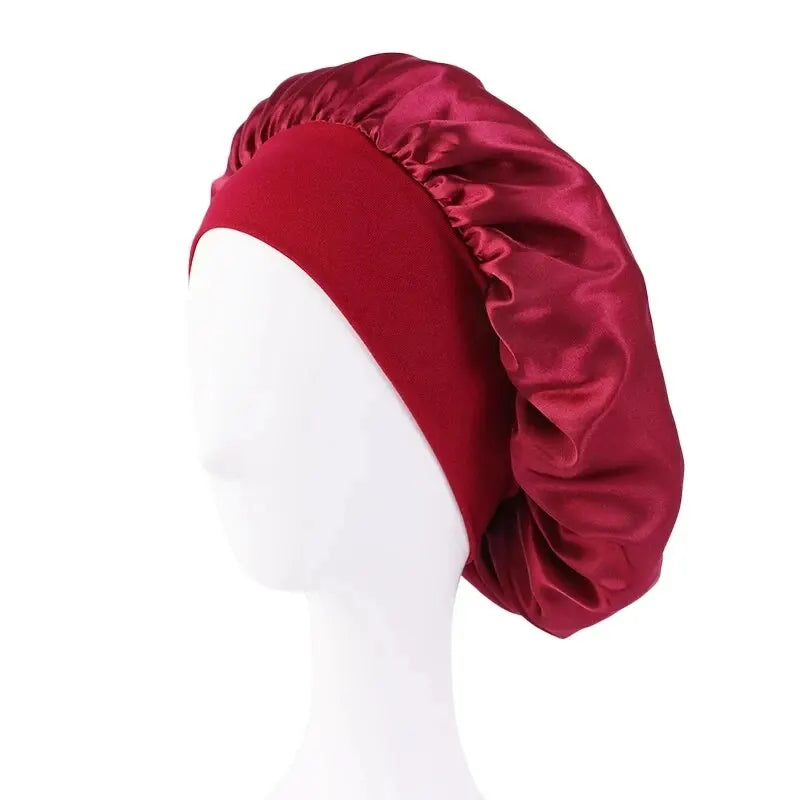 New Women's Satin Solid Wide-brimmed Sleeping Hat Unisex Head Wrap Elastic Band Cap Hair Care Bonnet Night Hat Bonnet De Nuit