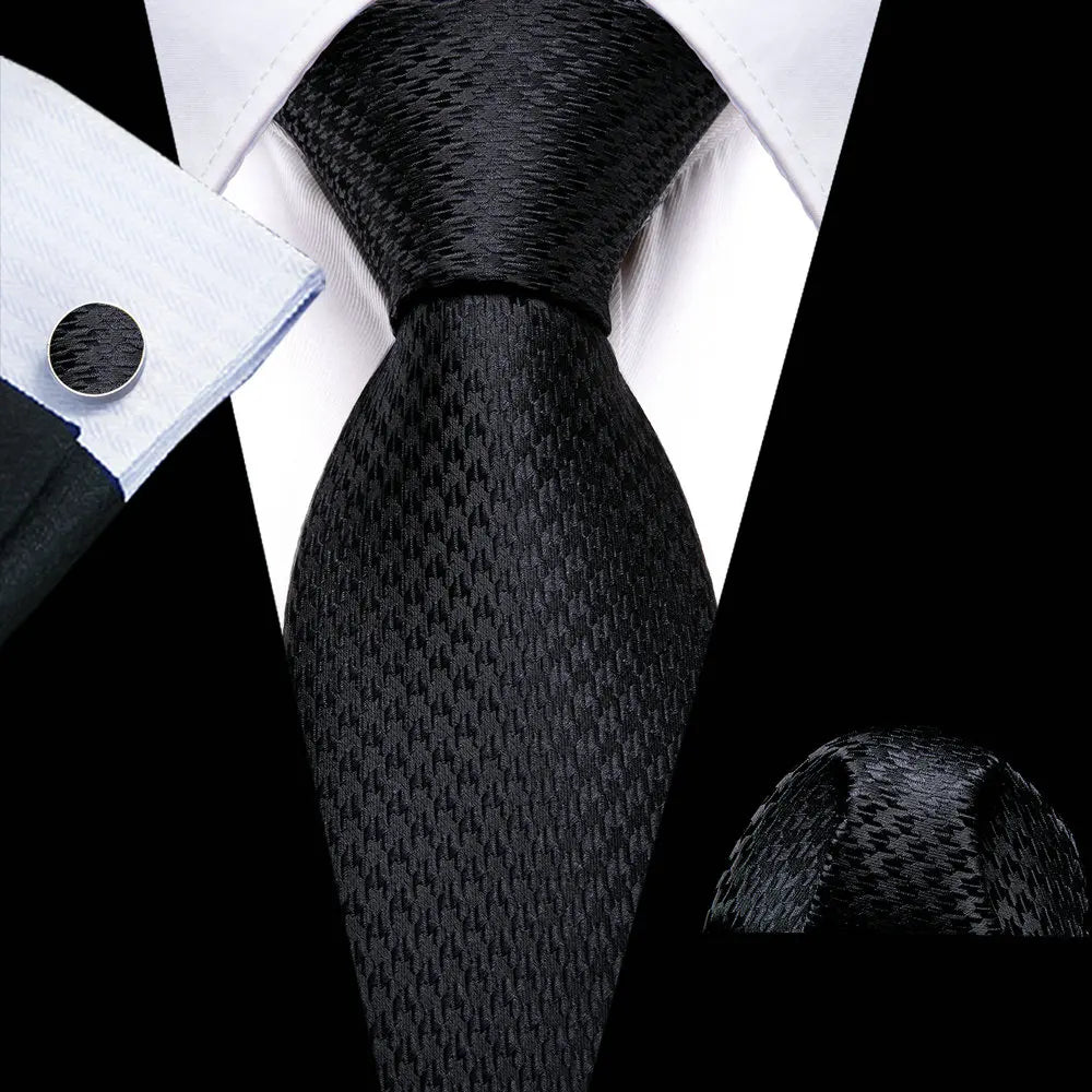 Cravates en soie noire pour hommes, classiques, solides, tissées de haute qualité, avec pochette et boutons de manchette, pour soirées formelles, design Barry.Wang