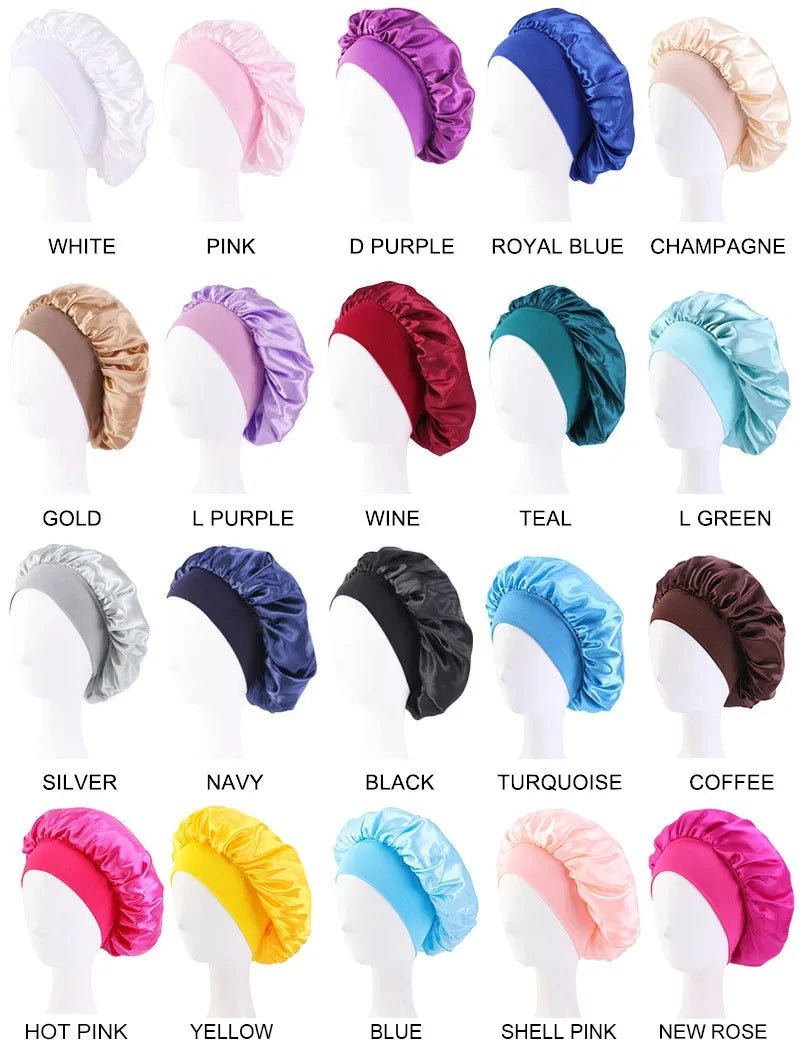 New Women's Satin Solid Wide-brimmed Sleeping Hat Unisex Head Wrap Elastic Band Cap Hair Care Bonnet Night Hat Bonnet De Nuit