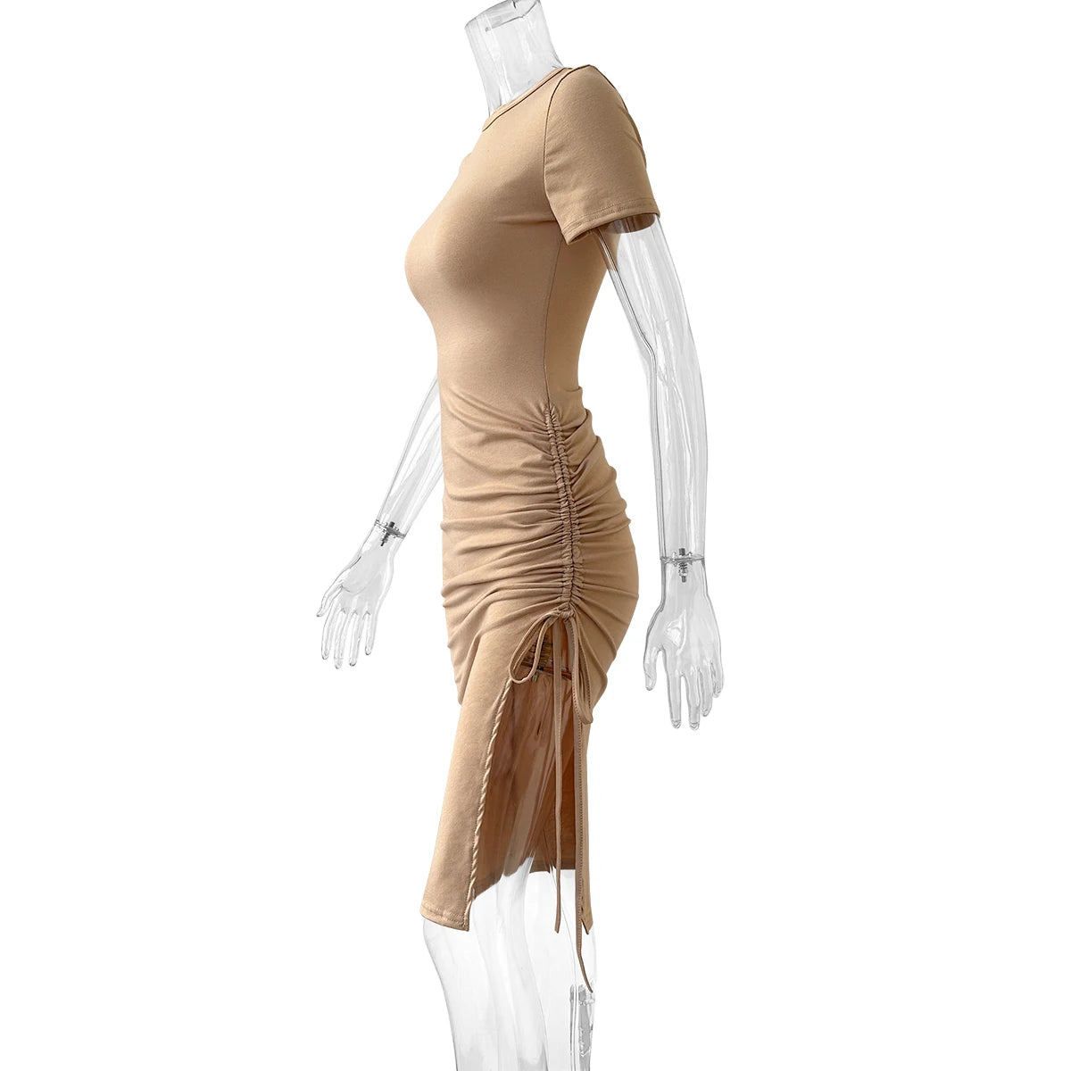 Sexy Side Slit Short Sleeve Wrap Buttocks Round Neck Dress 2024 Summer Drawstring Tie Up Women's Clothing