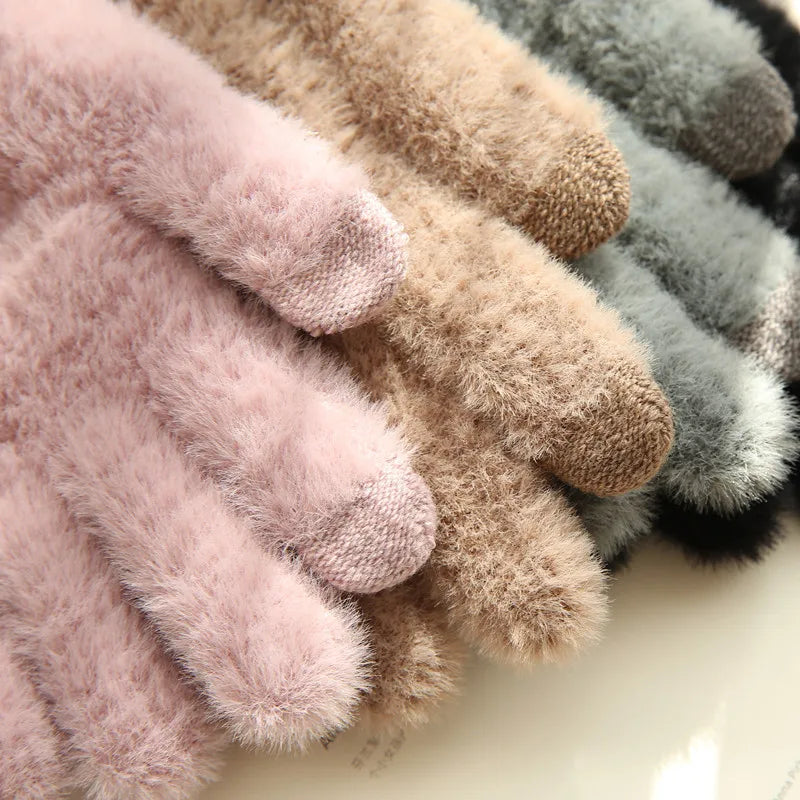 Gants tricotés d'hiver chauds et épais en fourrure pour écran tactile, mitaines solides pour téléphone portable, tablette, gants en laine et cachemire pour femmes