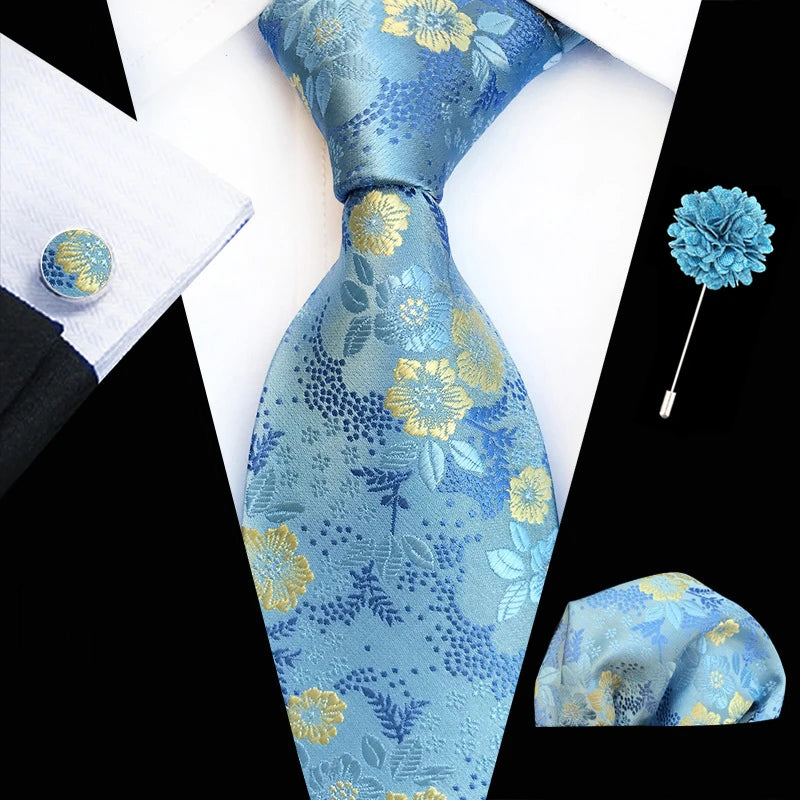 Ensemble de cravates en soie rose floral pour hommes, ensemble de cravates de fête de mariage, mouchoir, broche, boutons de manchette, accessoires pour hommes de haute qualité Gravata
