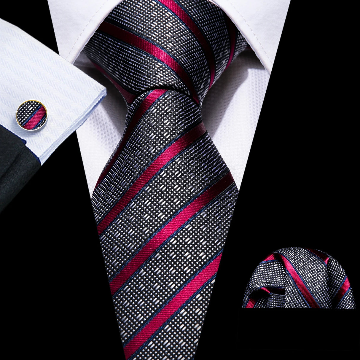Cravate de luxe pour homme, ensemble de boutons de manchette et mouchoir en soie à rayures rouges, style business, Barry.Wang, accessoire tendance pour mariage, fête, décontracté