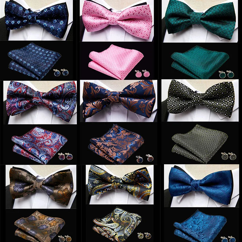 HUISHI Classic Blue Bowties For Men Paisley Floral Bow Tie Pocket Square Cufflinks Suit Set Wedding Party Plaid Solid Butterfly