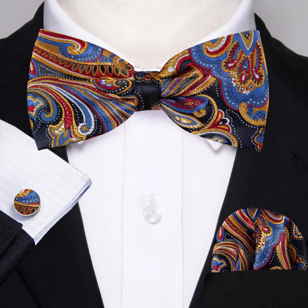 Barry.Wang Nœud papillon en soie bleu marine royal bleu ciel pour homme, ensemble de boutons de manchette, mouchoir, motif cachemire jacquard, motif floral, pour mariage et affaires