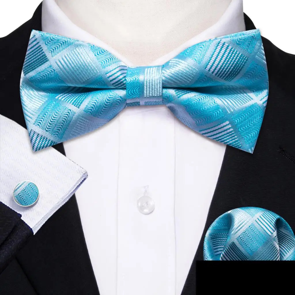 Barry.Wang Nœud papillon en soie bleu marine royal bleu ciel pour homme, ensemble de boutons de manchette, mouchoir, motif cachemire jacquard, motif floral, pour mariage et affaires