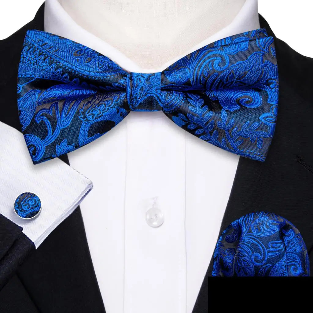 Barry.Wang Nœud papillon en soie bleu marine royal bleu ciel pour homme, ensemble de boutons de manchette, mouchoir, motif cachemire jacquard, motif floral, pour mariage et affaires