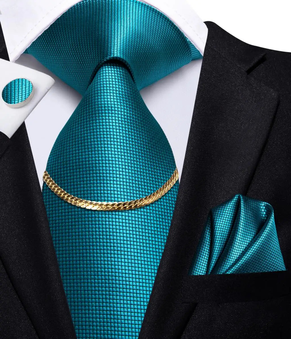 Hi-Tie Business Black Luxury Plaid Mens Tie Silk Neckties Fashion Tie Chain Hanky Cufflinks Set Design Gift For Men Wedding