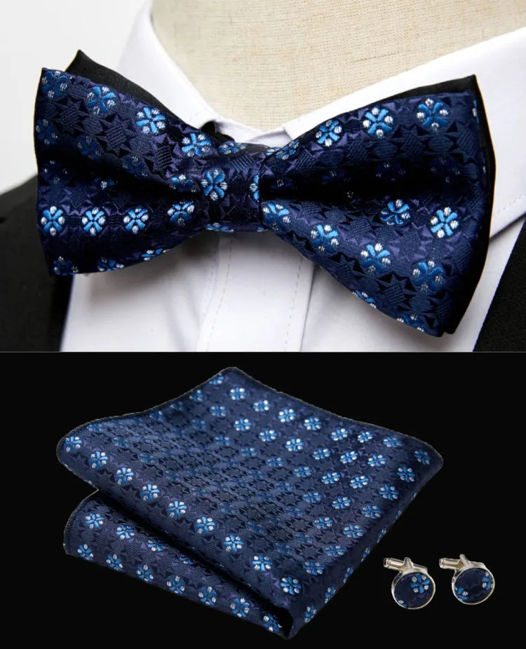 HUISHI Classic Blue Bowties For Men Paisley Floral Bow Tie Pocket Square Cufflinks Suit Set Wedding Party Plaid Solid Butterfly