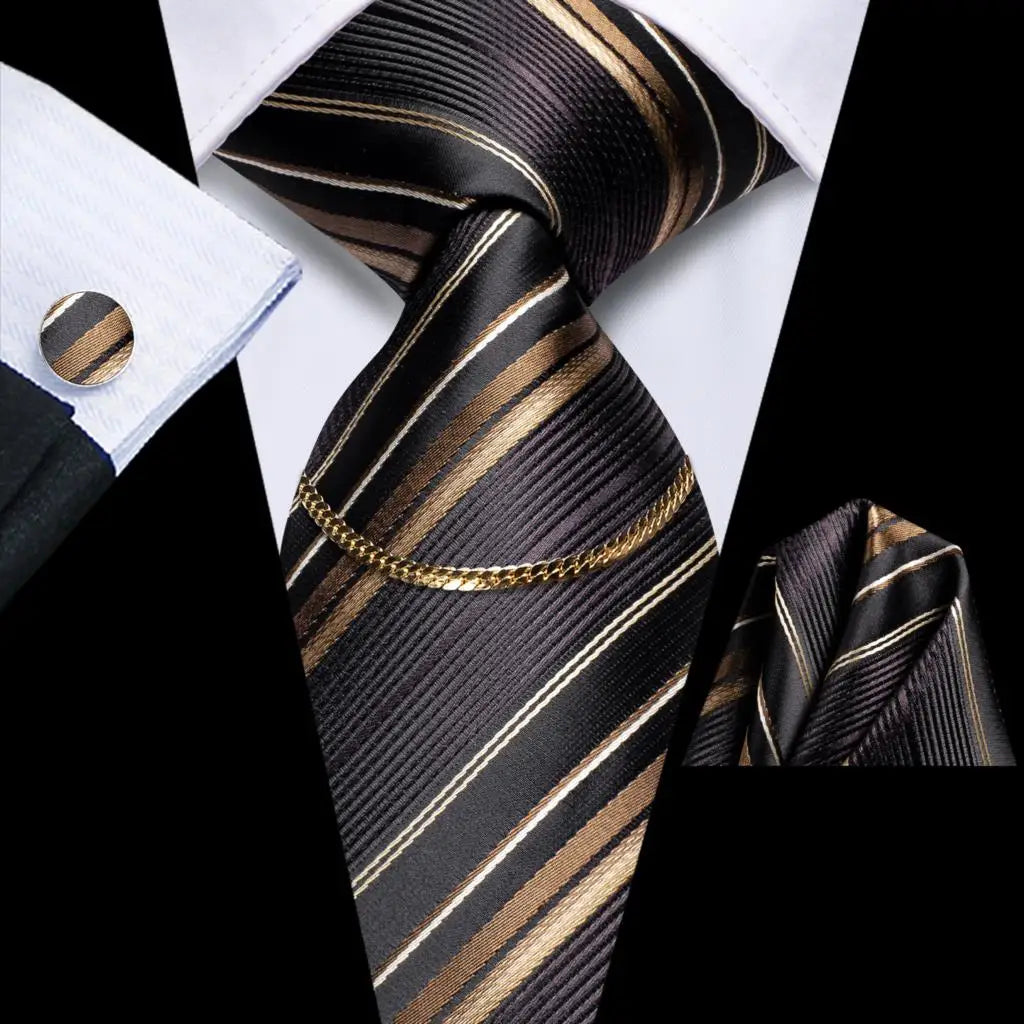Hi-Tie Business Black Luxury Plaid Mens Tie Silk Neckties Fashion Tie Chain Hanky Cufflinks Set Design Gift For Men Wedding