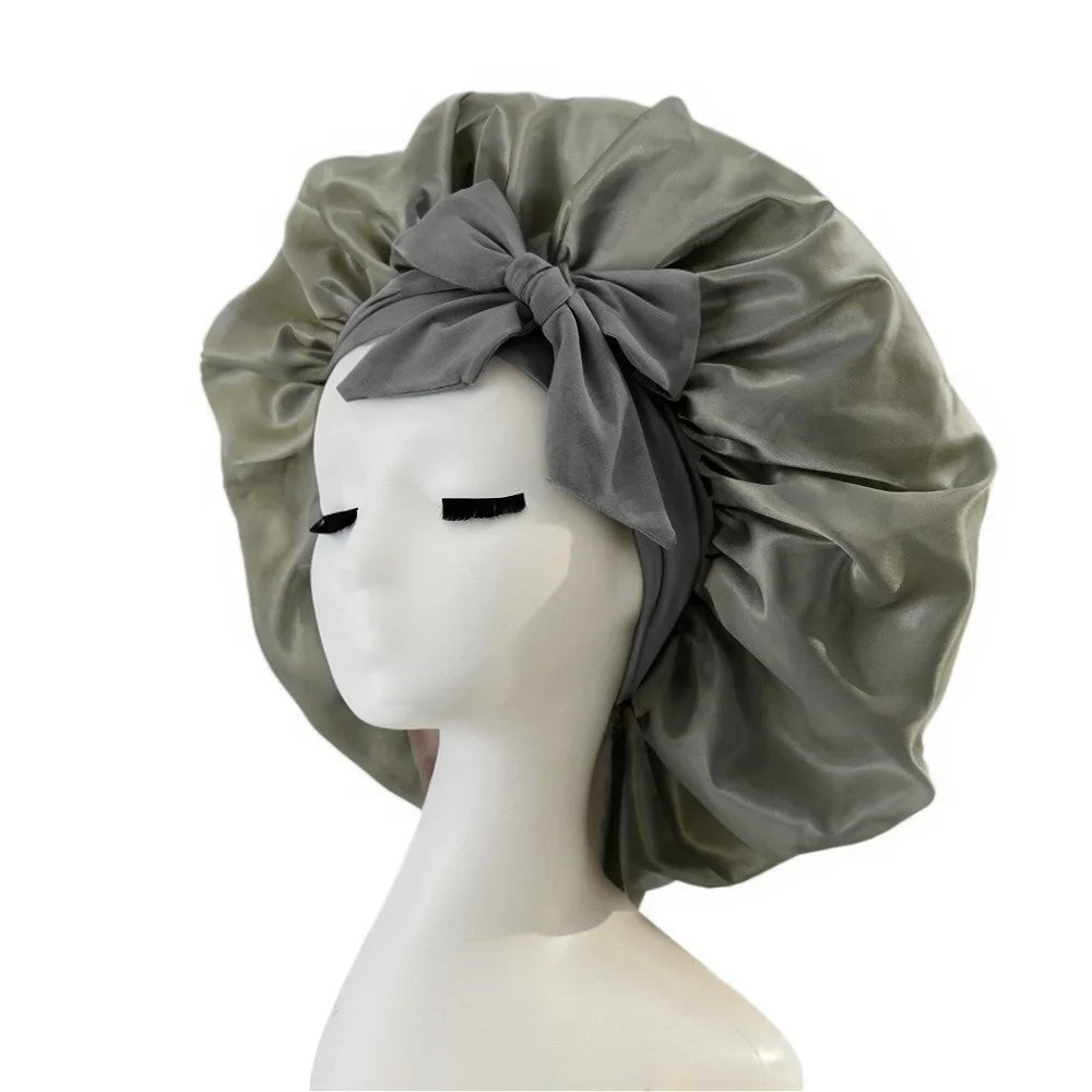 Bonnet de nuit en satin pour femme, large bande solide, extensible, avec nœud, bonnet soyeux, bonnet de nuit, soins capillaires, couvre-tête de douche