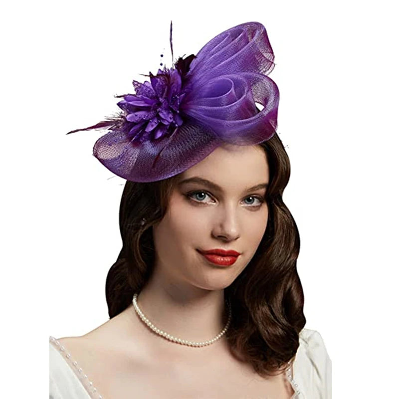 Women Flower Mesh Ribbons Feathers Fascinator Brides Hair Accessories Headband or a Clip Cocktail Tea Party Headwewar for Girls