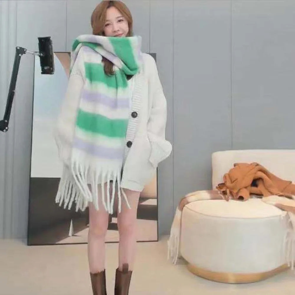 Female Korean Style Thickened Scarf Long Tassel Necks Warm Cashmere Scarf Thicker Versatile Four Color Gradient Tie Dye Scarf