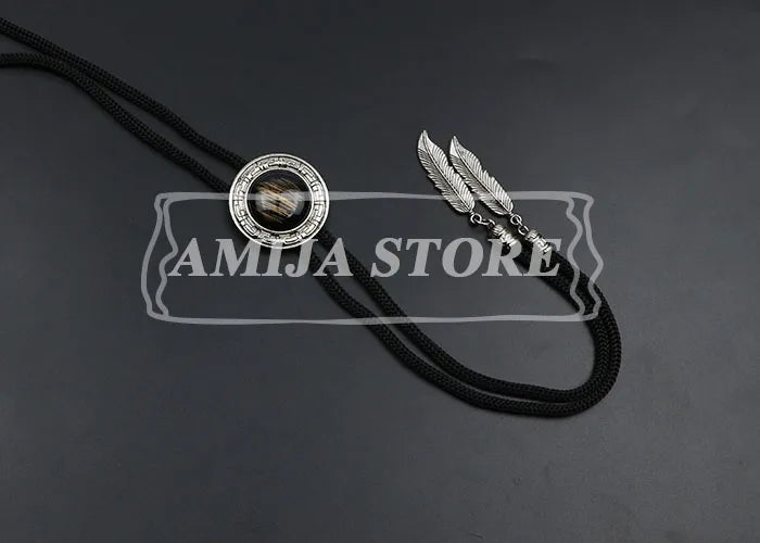 Vintage Bolo Tie Shirt Chain Cowboy Jazz Alloy Men Women Leather Rope Long Necklace Imitation Obsidian Sweater Chain Men Accesso