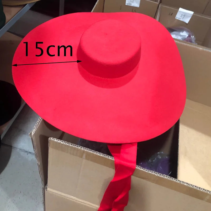 Red Super Wool Hat Extra Large 15cm Big brim Shallow Top Soft Hat for Men and Women Flat Top Hat New Big brim Hat