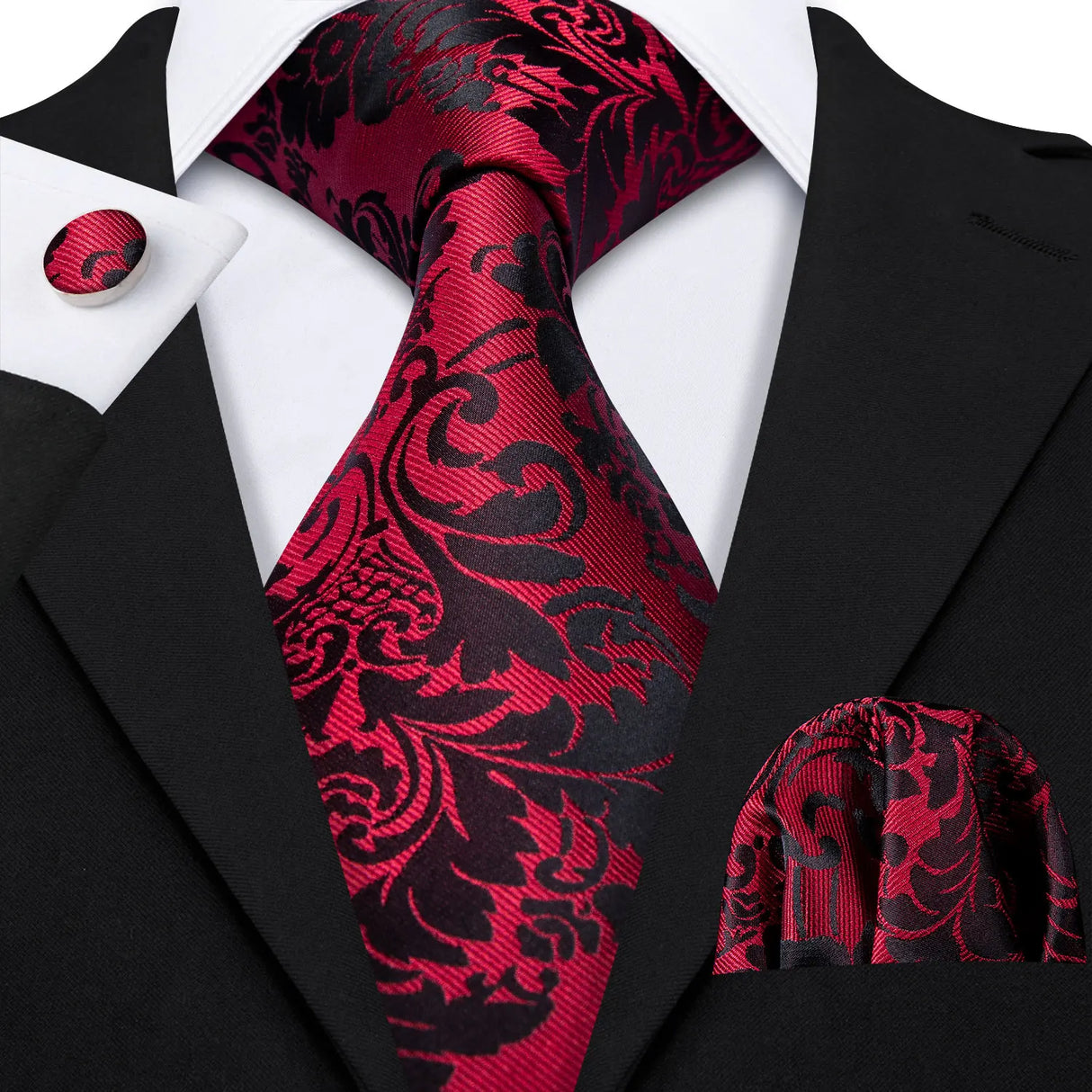Barry.Wang Ensemble cravate et boutons de manchette en soie pour homme, motif jacquard, rouge, bordeaux, rose, pour mariage, affaires, fête