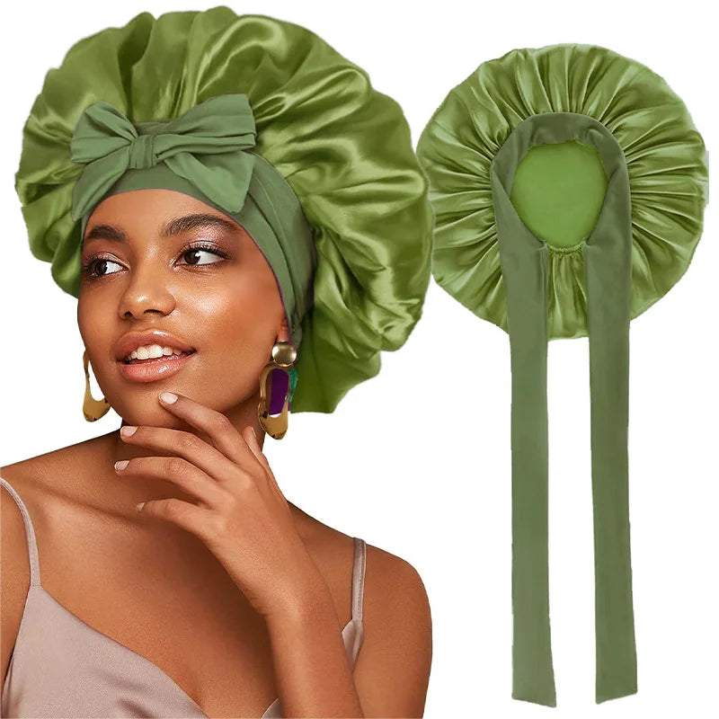 New Women Satin Bonnet Silky Sleep Cap Curly Hair Wrap For Sleeping Cap Adjustable Bonnets With Tie Band Nightcap Hair Care Cap