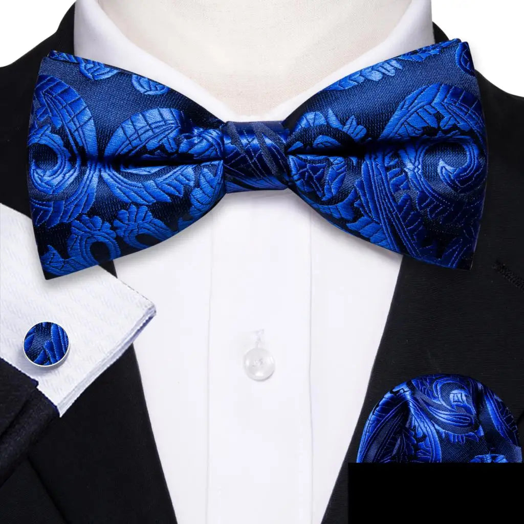 Barry.Wang Nœud papillon en soie bleu marine royal bleu ciel pour homme, ensemble de boutons de manchette, mouchoir, motif cachemire jacquard, motif floral, pour mariage et affaires
