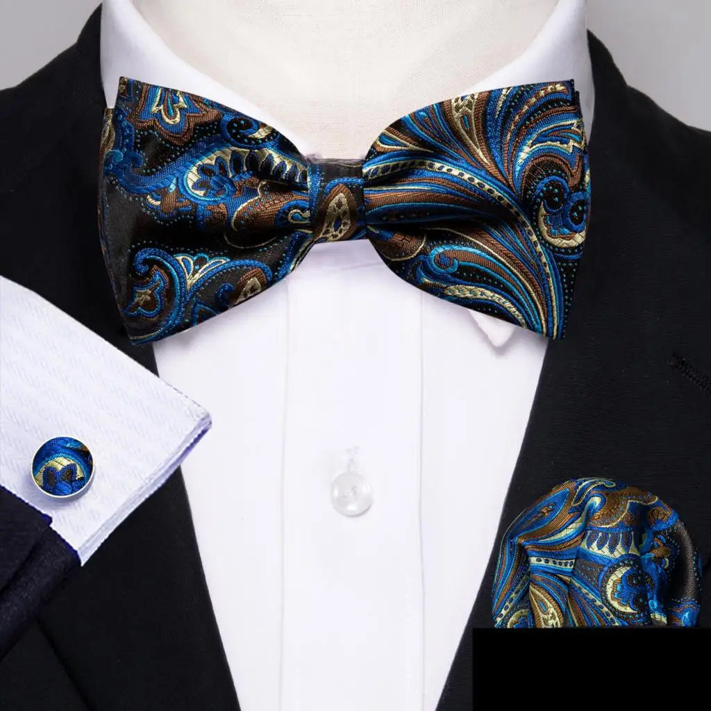 Barry.Wang Nœud papillon en soie bleu marine royal bleu ciel pour homme, ensemble de boutons de manchette, mouchoir, motif cachemire jacquard, motif floral, pour mariage et affaires