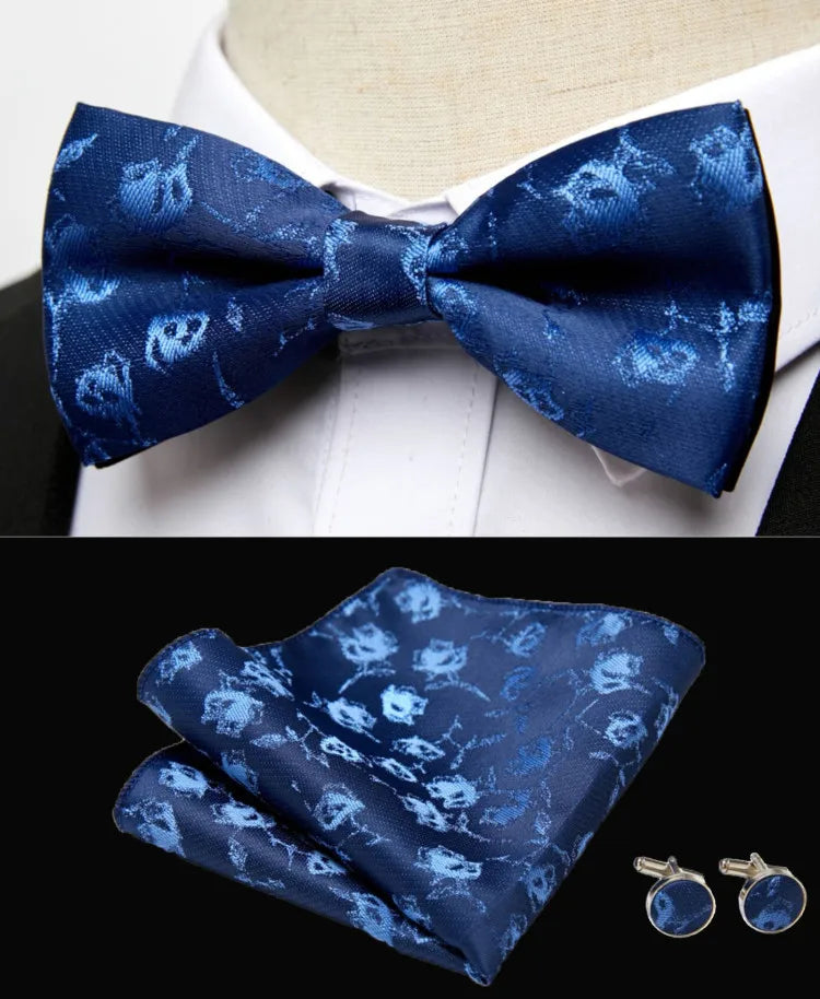 HUISHI Classic Blue Bowties For Men Paisley Floral Bow Tie Pocket Square Cufflinks Suit Set Wedding Party Plaid Solid Butterfly