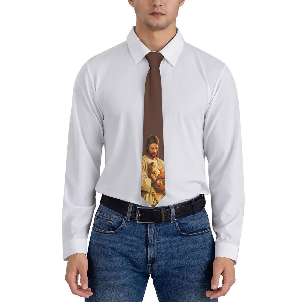 Cravate unisexe Christ et son chat en soie et polyester, 8 cm de large, motif Jésus, pour homme, accessoire de mariage ou de bureau