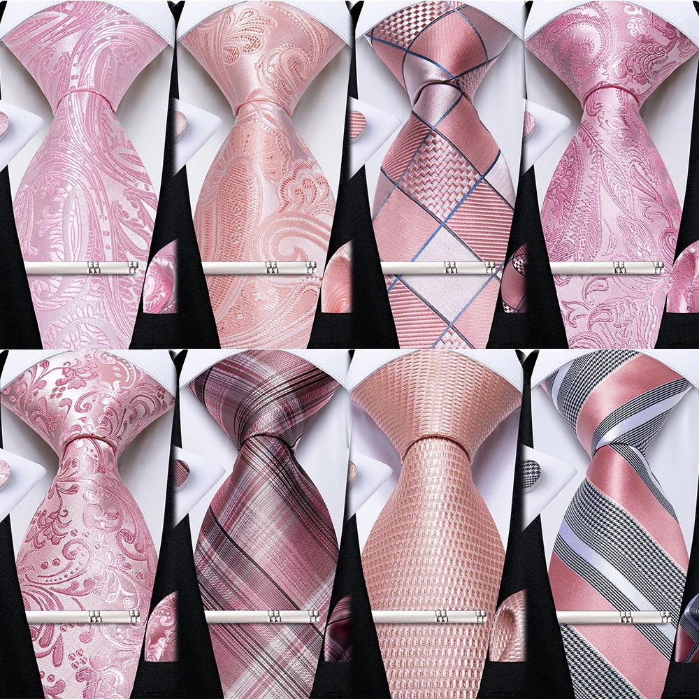 Ensemble cravate homme en soie à rayures roses, motif floral, motif cachemire uni, 8 cm, mouchoir, boutons de manchette, accessoires de mariage, de bal, cravate