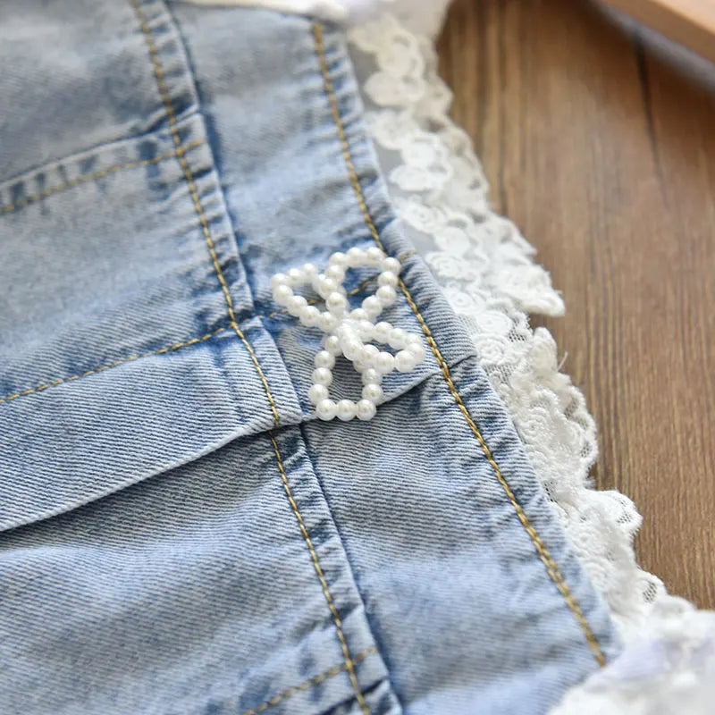 Children Girls Beads Lace Sleeve Denim Dress Toddler Fashion Summer Dresses