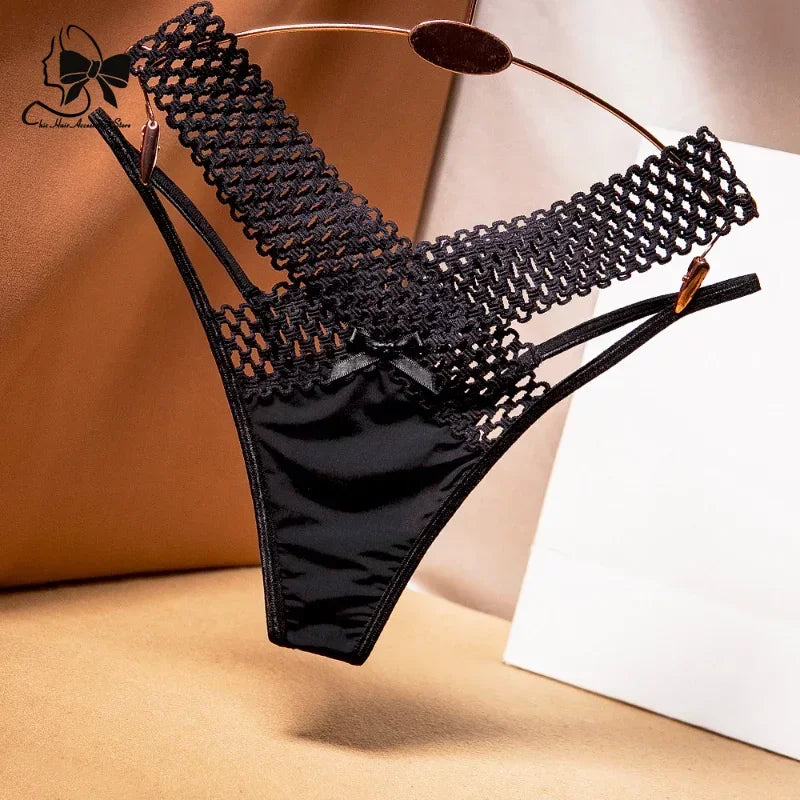 New Sexy Women's Panties Cross Cut Ice Silk Thong Sports Fashion Perspective Low Waist Ribbons Thongs Sexy Women Underwear