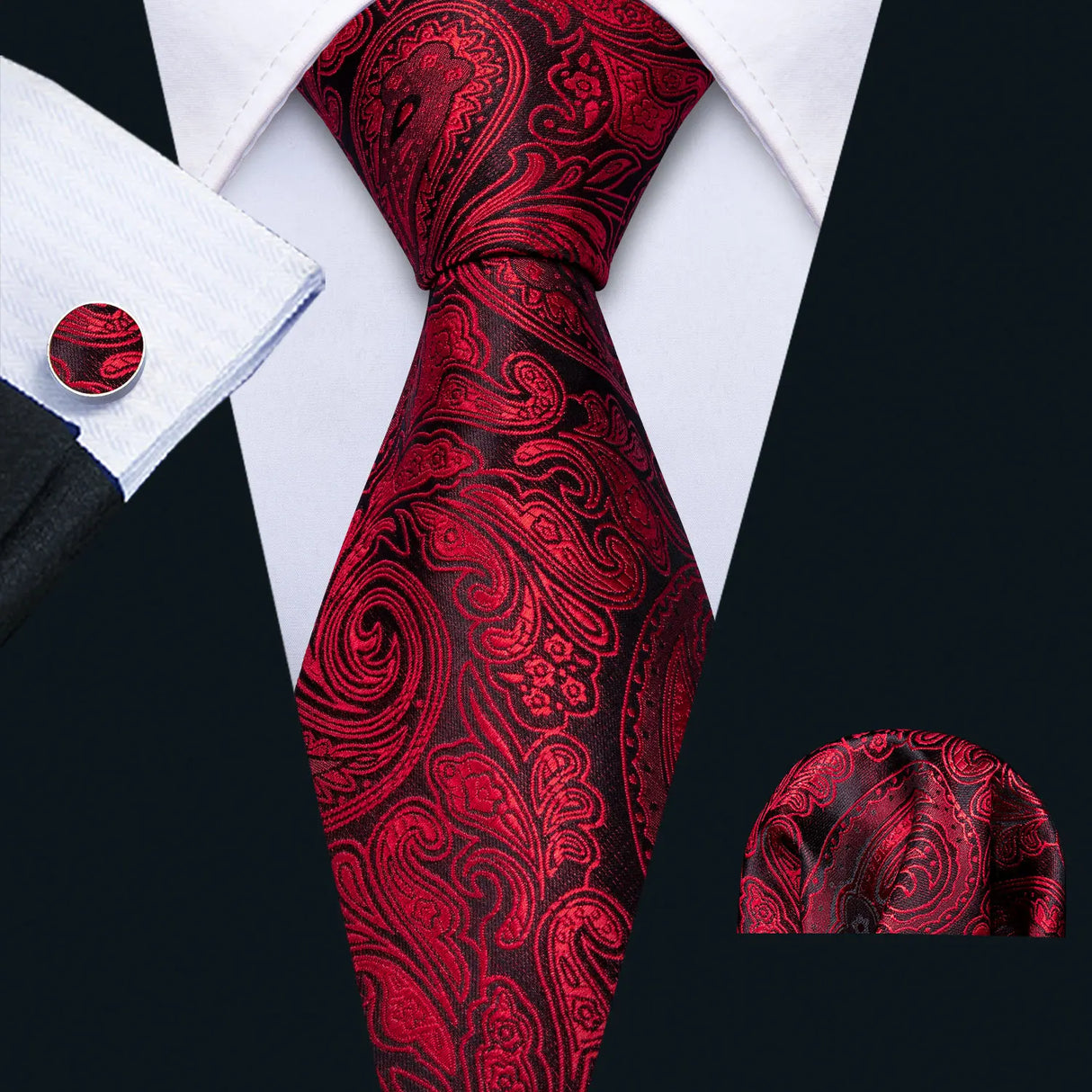 Barry.Wang Ensemble cravate et boutons de manchette en soie pour homme, motif jacquard, rouge, bordeaux, rose, pour mariage, affaires, fête