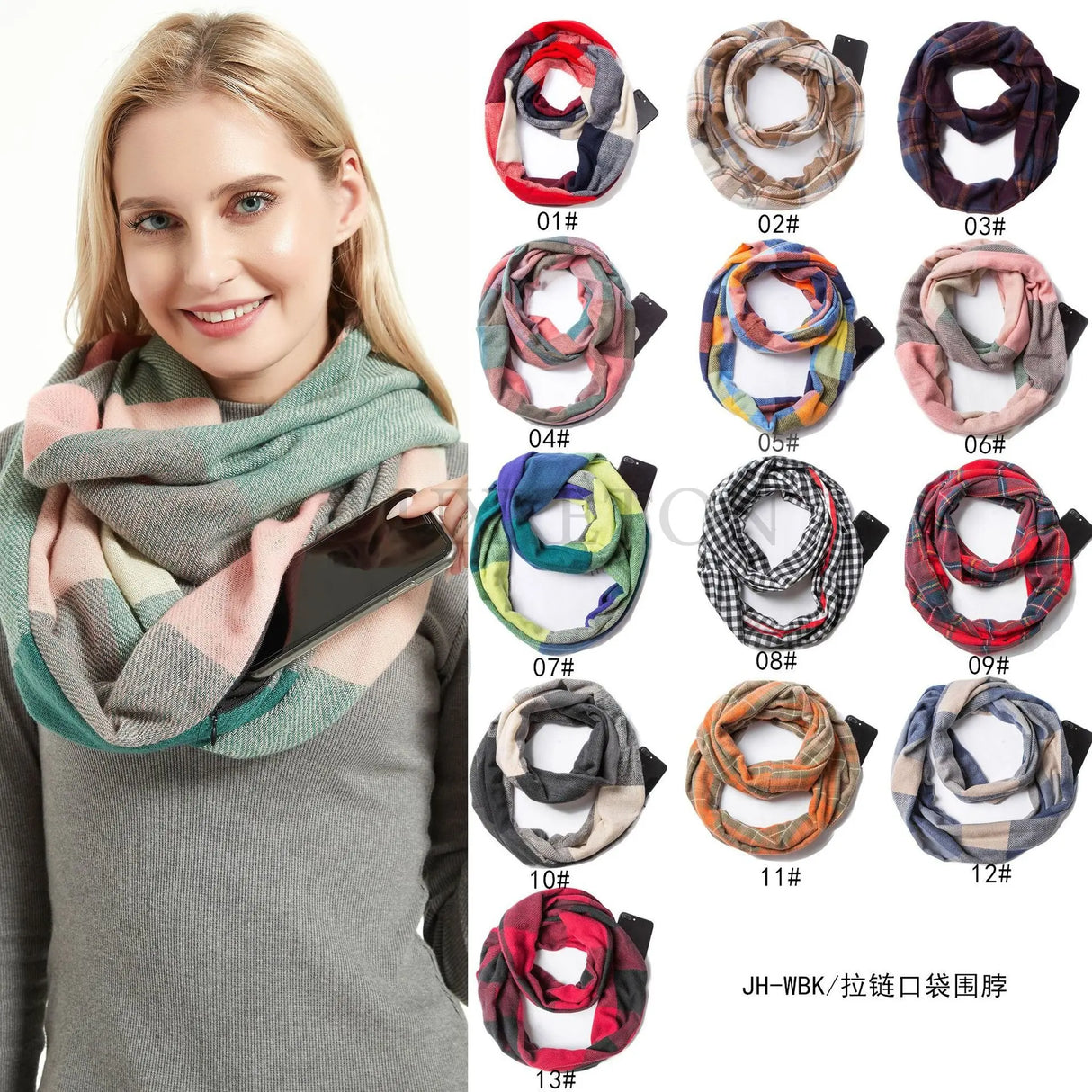 Écharpe à carreaux en cachemire pour femme, écharpe chaude d'hiver avec poche zippée dissimulée, écharpe de voyage chaude pour le cou pour femme