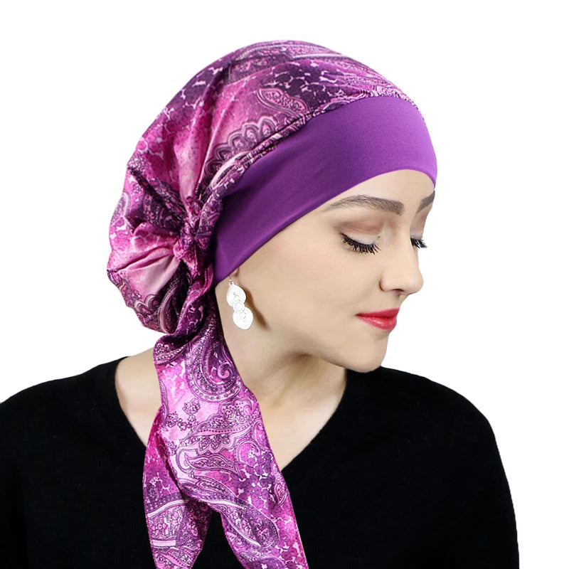 Chapeau turban en satin imprimé pour femme, extensible, à larges bords, tendance, pré-noué, enveloppant, décontracté, style pirate