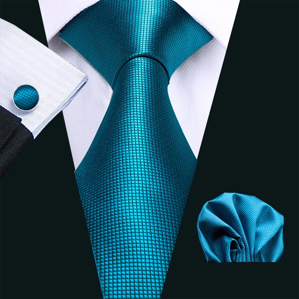 Cravate fantaisie en soie bleu sarcelle pour homme, marque de luxe solide, pochette, boutons de manchette, ensemble de cravates de haute qualité pour fête de mariage Barry.Wang