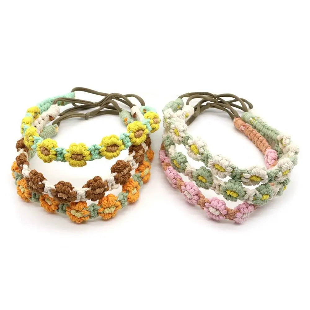 Braided Rope Headwrap Small Daisy Elastic Hair Band Turban Women Hair Scarf Crochet Bandana Macrame Hair Band Bohemian Headband