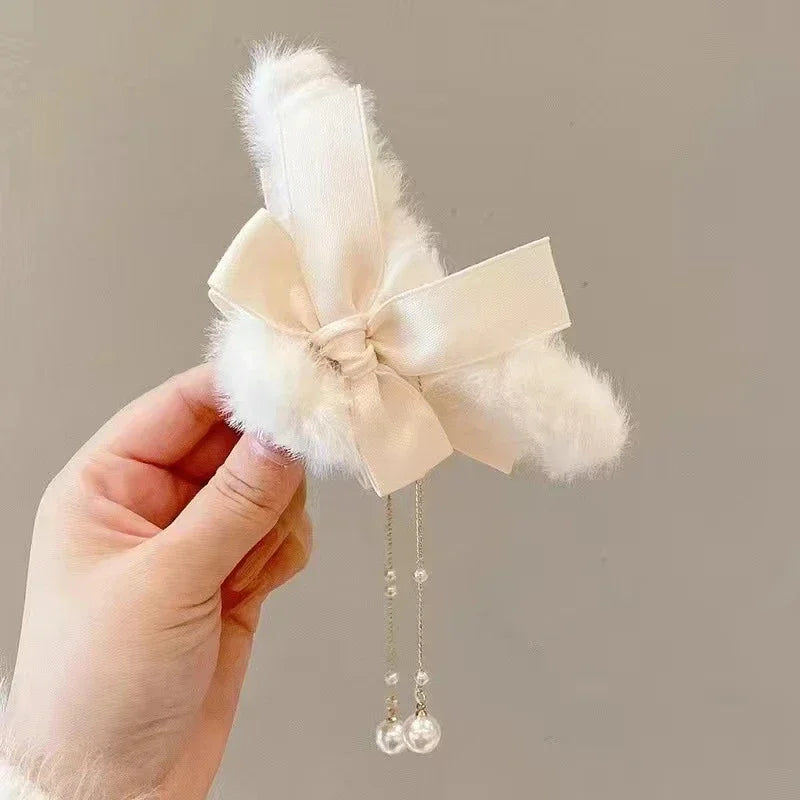 Pinces à cheveux tendance avec nœud et pompon, style coréen, queue de cheval, en peluche, griffe de requin, pour filles, cadeau d'automne et d'hiver