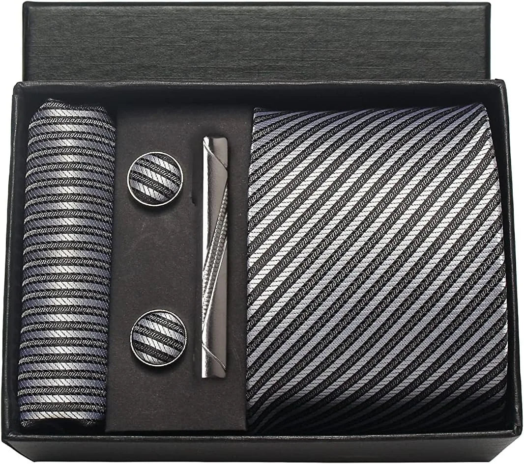 Classic 100% Silk Men's Ties In Gift box 8cm Plaid Dot Striped Business Necktie Handkerchief Cufflinks Wedding Party Tie Set