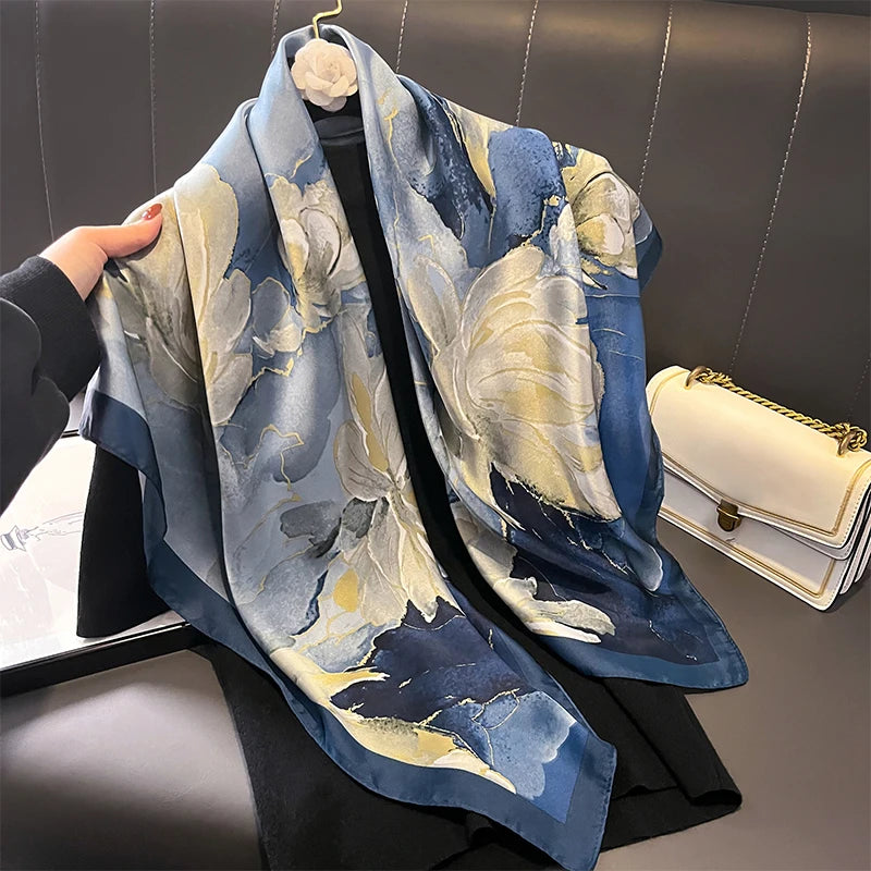 Foulard carré en satin de soie imprimé pour femme, hijab, bandana, 90 cm