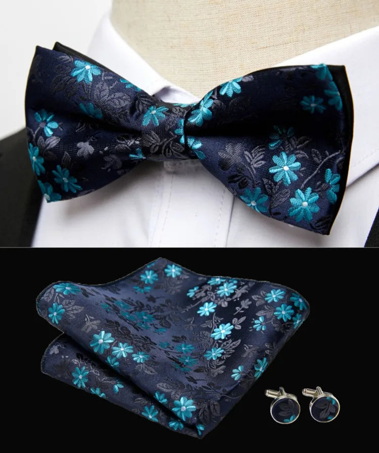 HUISHI Classic Blue Bowties For Men Paisley Floral Bow Tie Pocket Square Cufflinks Suit Set Wedding Party Plaid Solid Butterfly