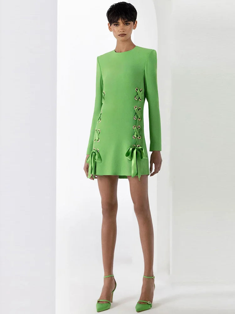 White Green Lace Up Mini Dress 2024 New Designer Runway Fashion Women's Long Sleeve Ribbons Lacing Up Dress High Quality