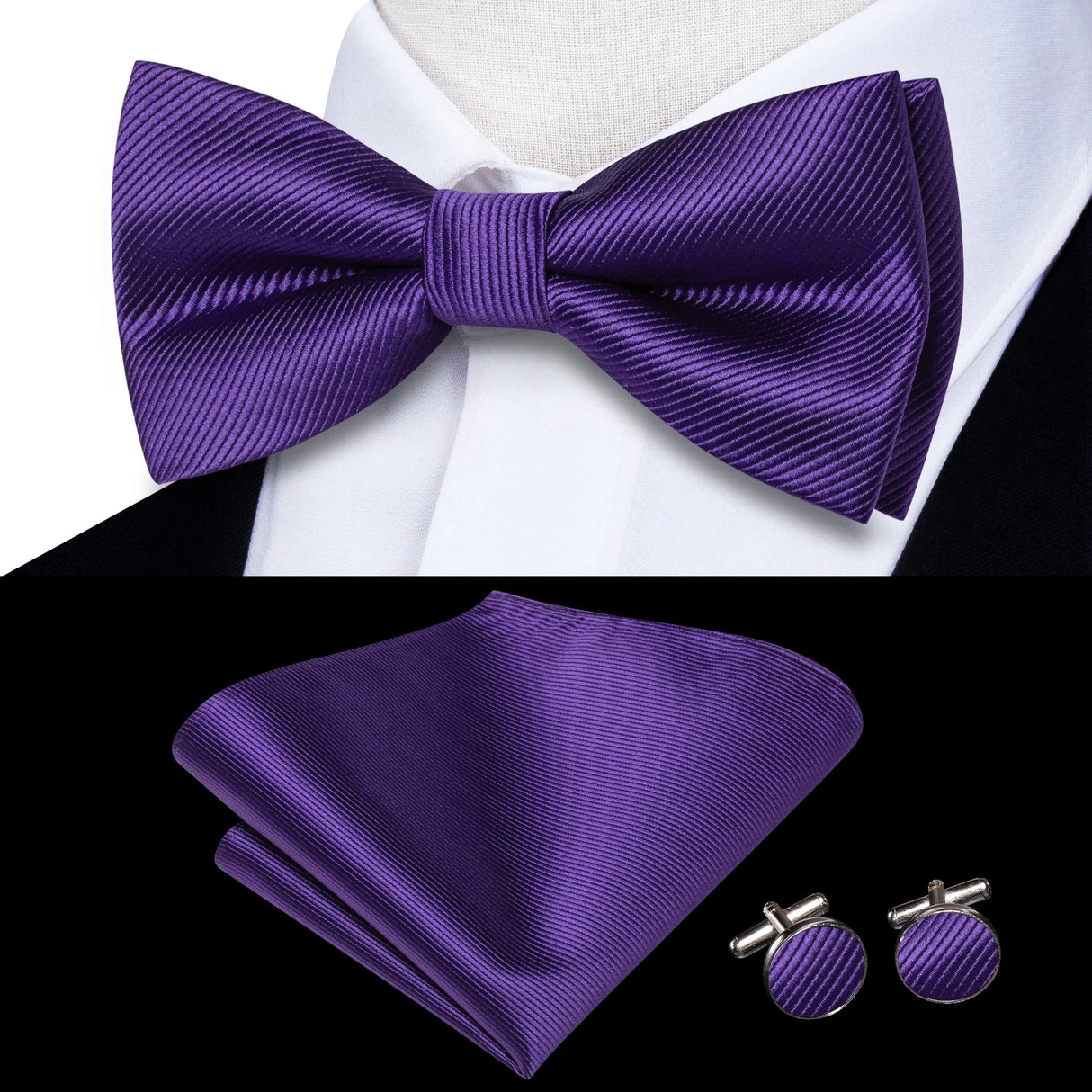Hi-Tie Jacquard Silk Nœud papillon pour homme, ensemble de boutons de manchette et mouchoir, nœud papillon pré-noué, noir, blanc, gris, bleu, rouge, vert, rose, violet