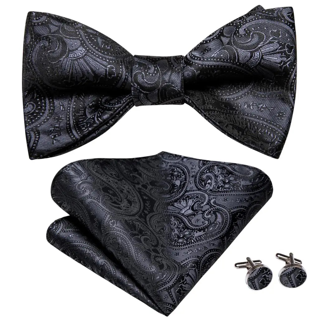 Hi-Tie Ensemble nœud papillon en soie pour homme, mouchoir et boutons de manchette, bleu, rouge, or, noir, blanc, jacquard, nœud papillon, mariage, affaires